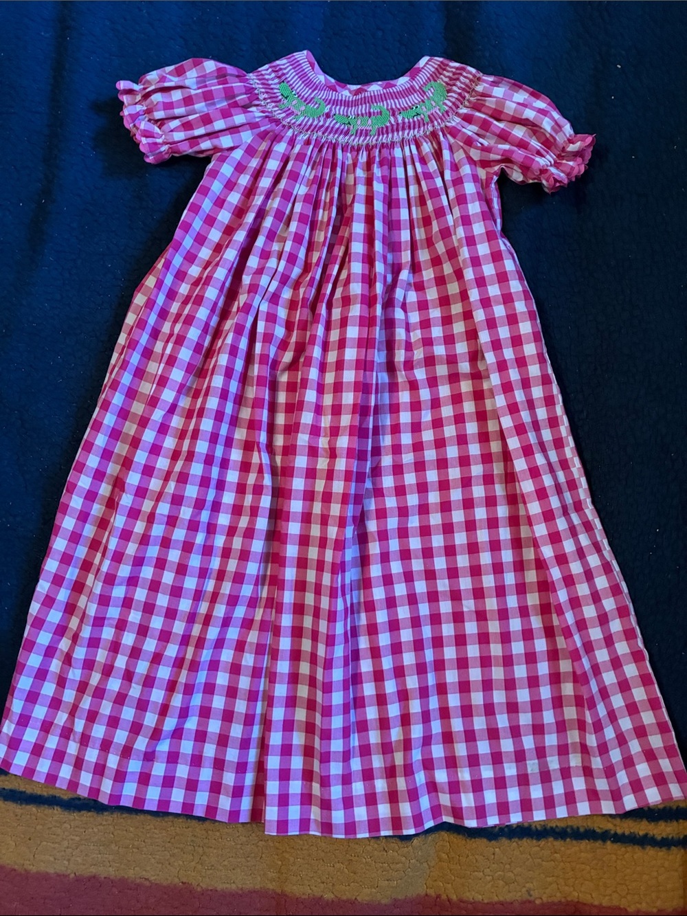 Smocked auctions Girls Pink Gingham Smocked Dress with Green Accents